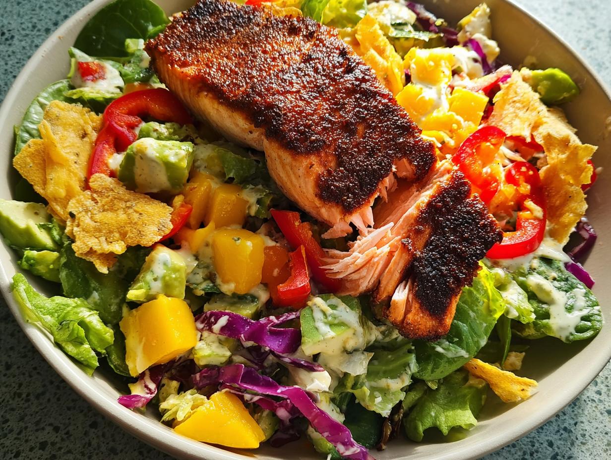 A vibrant salad topped with a perfectly cooked piece of salmon, featuring mango, avocado, and red bell peppers. A quick salmon recipe.