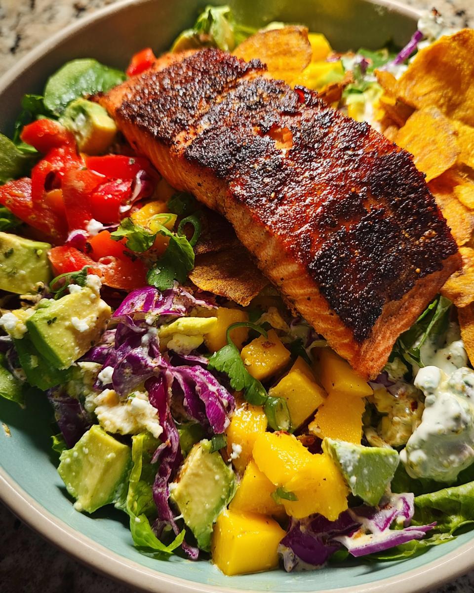 A vibrant salad topped with a perfectly cooked salmon fillet, featuring avocado, mango, red cabbage, and a creamy dressing.