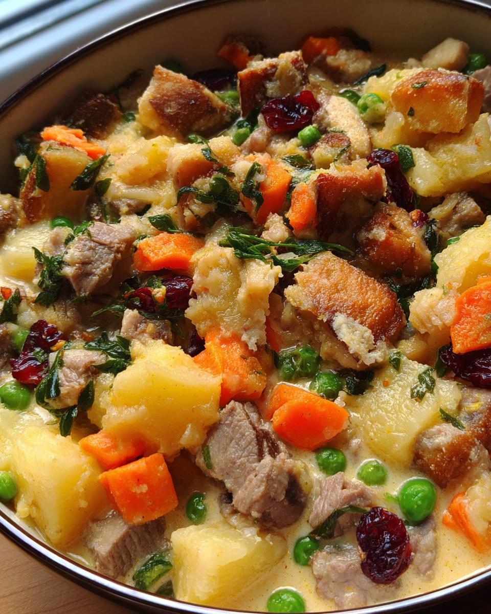 Close-up of a hearty stuffing recipe with chunks of meat, potatoes, carrots, peas, and cranberries in a creamy sauce.