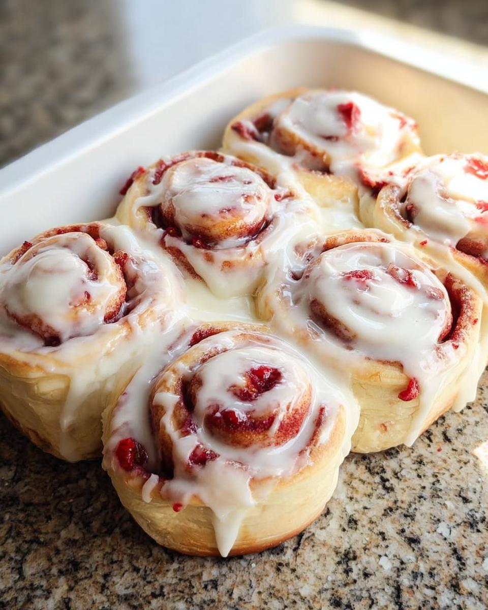 Close-up of sweet raspberry swirl breakfast rolls drizzled with white icing in a baking dish.