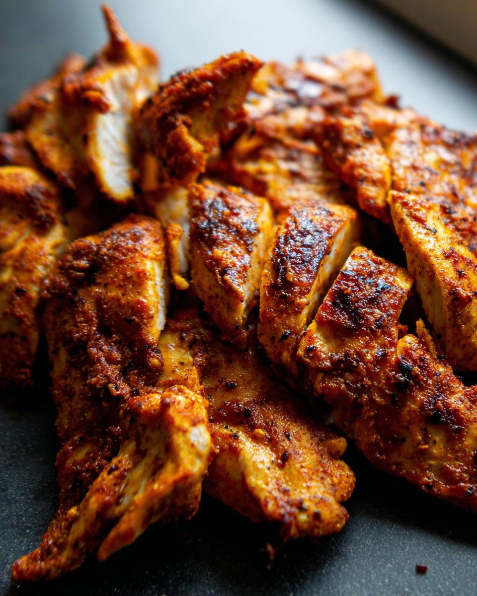 Close-up of seasoned, sliced chicken pieces cooked in an air fryer, perfect for restaurant-style chicken recipes.