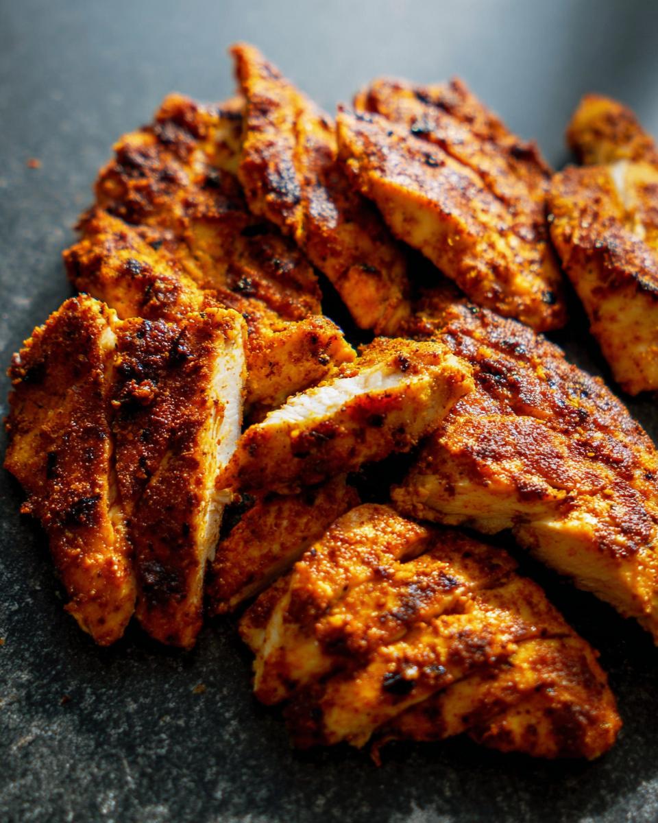 Close-up of sliced, seasoned chicken breast cooked in an air fryer, showcasing a crispy, golden-brown exterior.