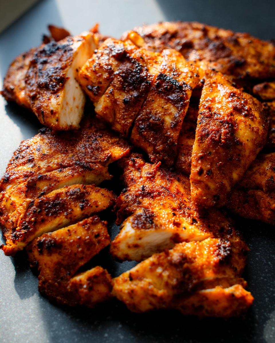 Close-up of perfectly cooked, sliced restaurant-style air fryer chicken with a crispy, seasoned crust.