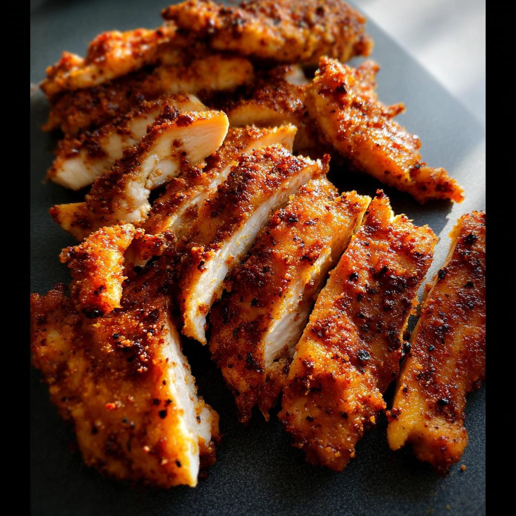 Close-up of sliced restaurant-style air fryer chicken, perfectly seasoned and golden brown.