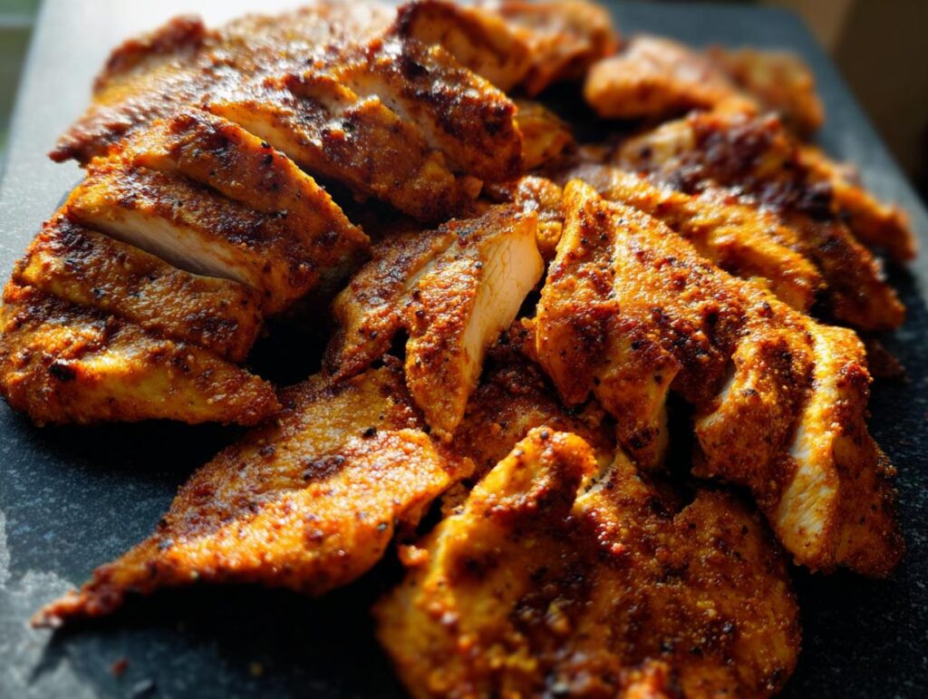 Close-up of perfectly cooked, seasoned restaurant-style air fryer chicken slices.