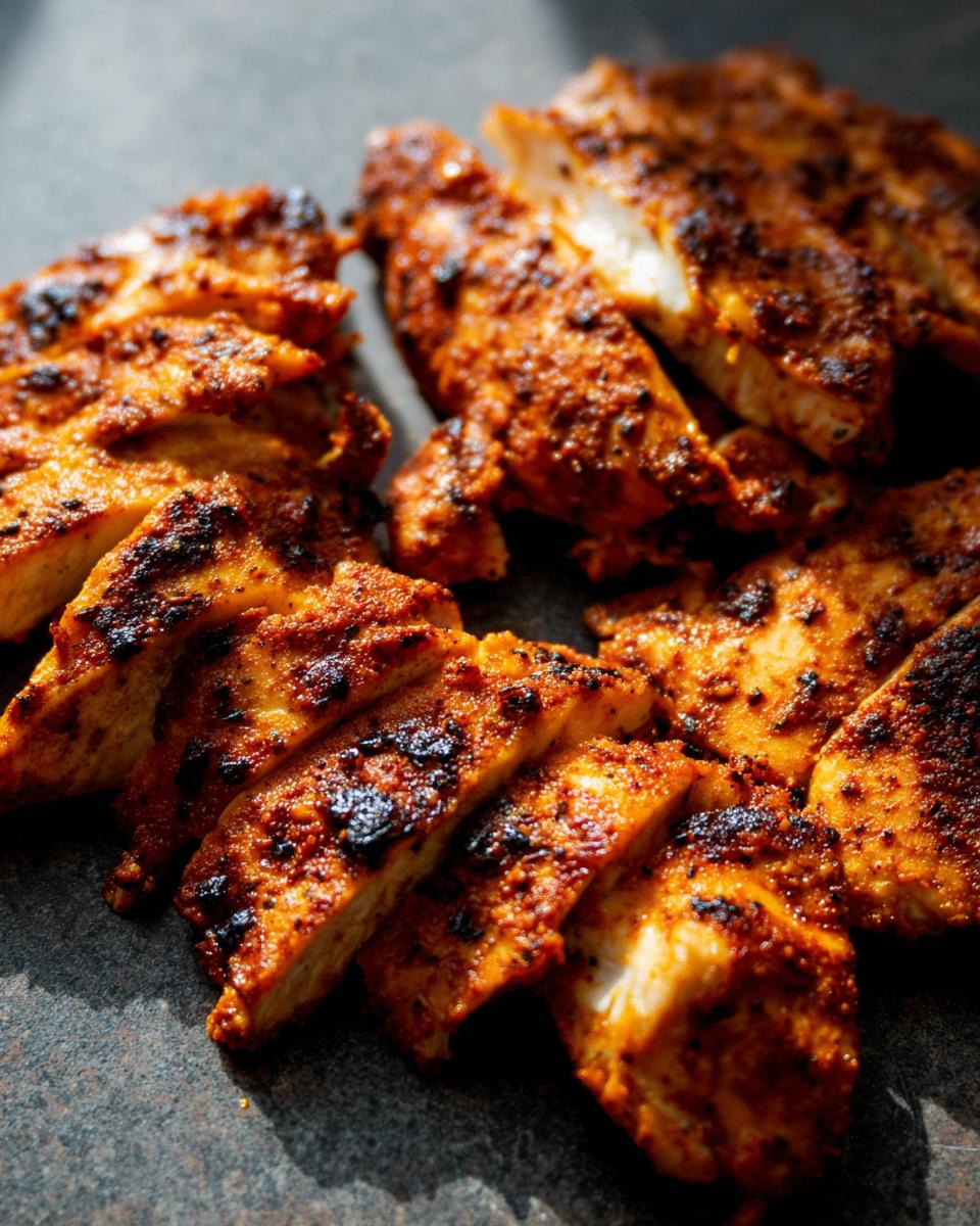 Close-up of sliced, seasoned air fryer chicken breast, perfect for restaurant-style chicken recipes at home.