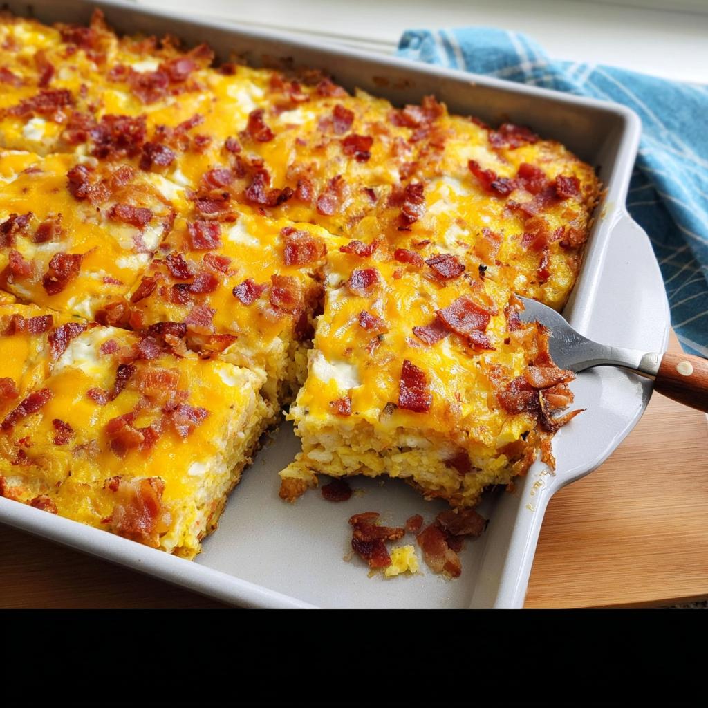 A delicious restaurant-style breakfast casserole with scrambled eggs, cheese, and bacon, cut into squares.