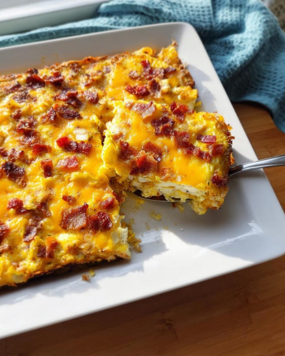 A slice of restaurant-style breakfast casserole with melted cheese and bacon bits being lifted from a white dish.
