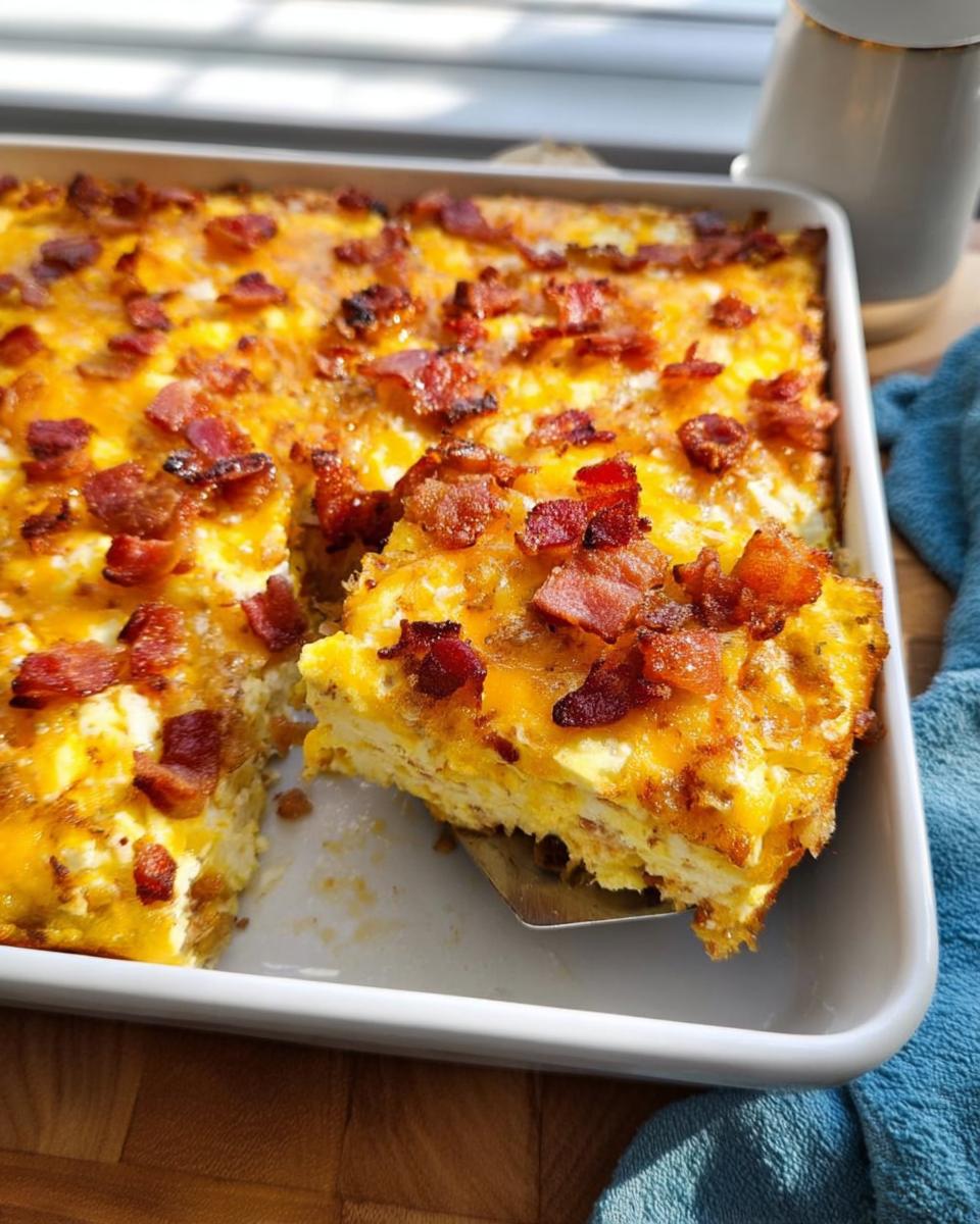 A slice of restaurant-style breakfast casserole with bacon and cheese being lifted from a baking dish.
