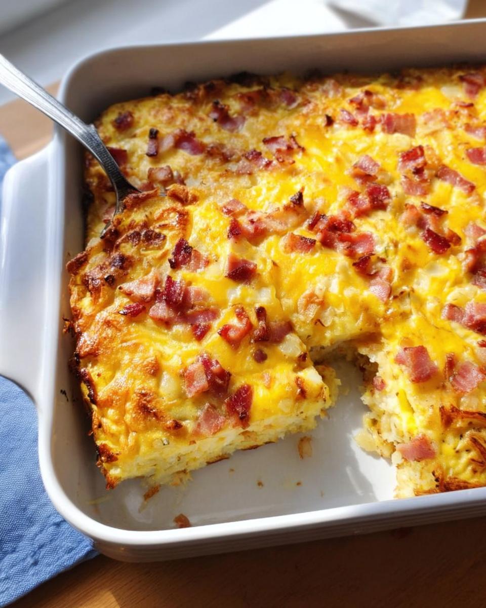 A golden-brown restaurant-style breakfast casserole with bacon and melted cheese, a slice removed.