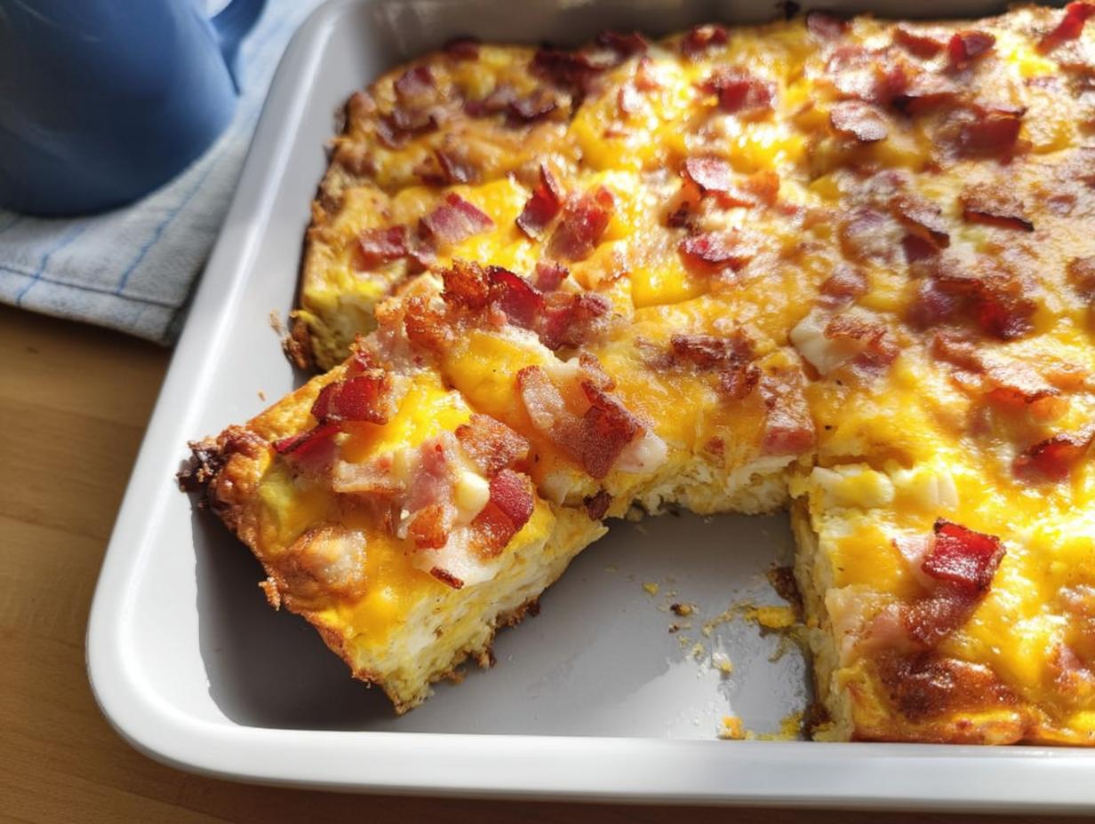 A slice of restaurant-style breakfast casserole with bacon and melted cheese, ready to be served.