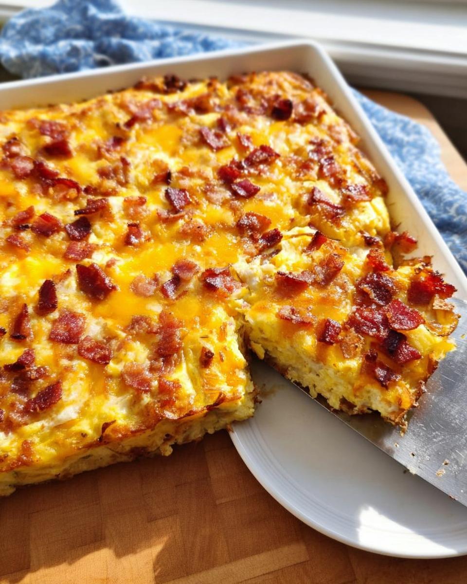 A slice of restaurant-style breakfast casserole topped with melted cheese and crispy bacon, ready to serve.