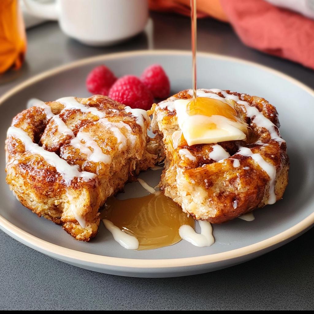 Two delicious cinnamon rolls drizzled with icing and syrup, topped with butter, served with raspberries. Restaurant-style breakfast ideas.