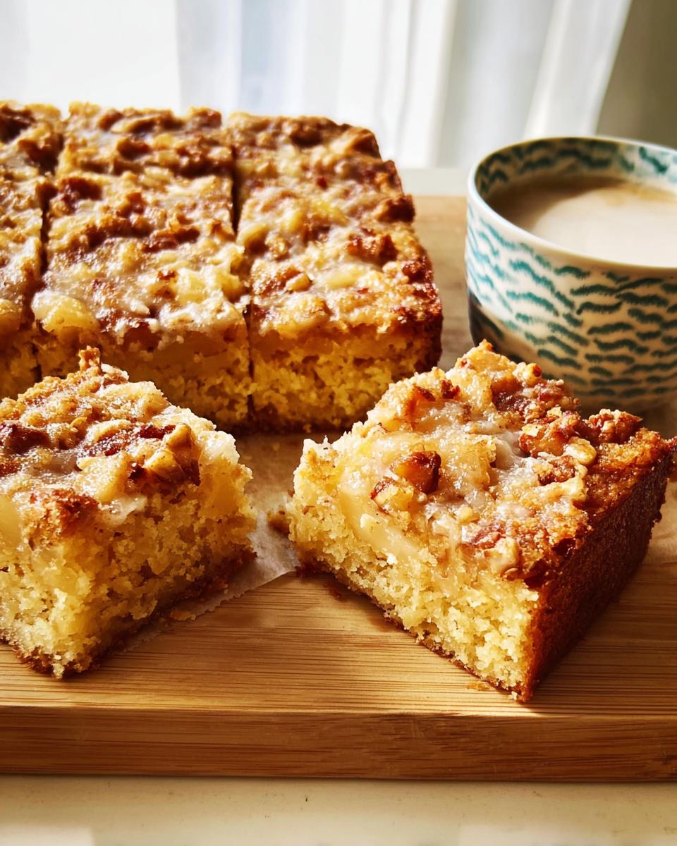 Close-up of a slice of apple crumble cake with a creamy topping and nuts, a perfect example of restaurant-style cake ideas recipes at home.