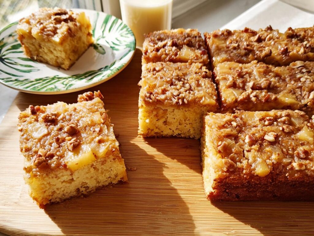 Close-up of a slice of restaurant-style apple walnut crumble cake, showcasing a moist crumb and caramelized topping.
