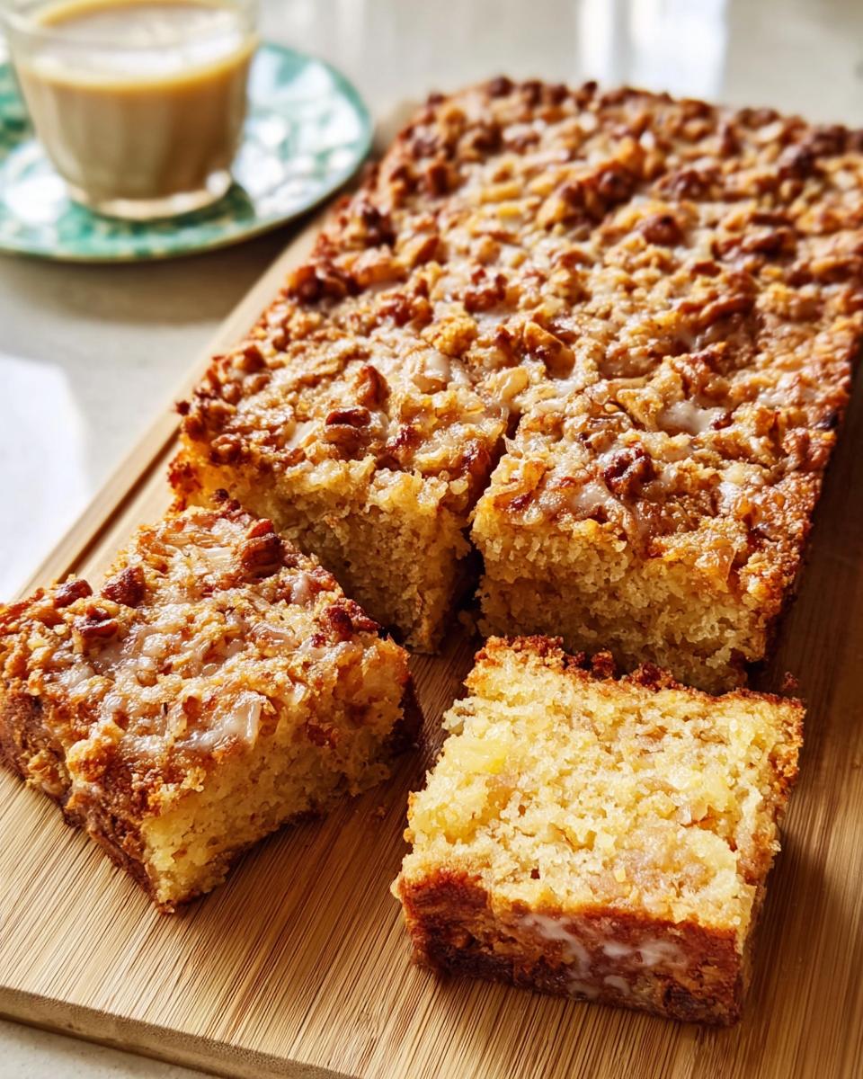 Close-up of a coffee cake with a crumb topping, sliced on a wooden board, perfect for restaurant-style cake ideas.