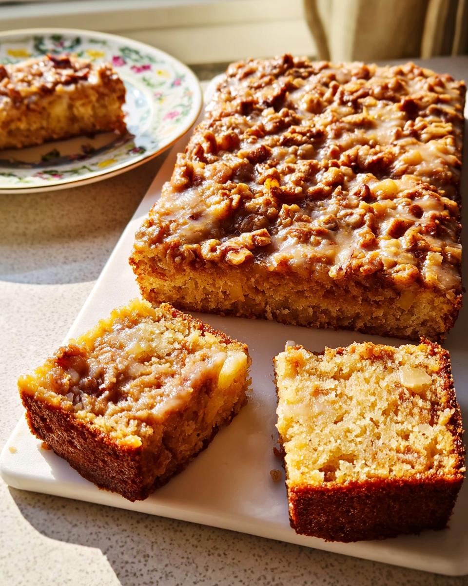 A loaf cake with a glazed nut topping, sliced to reveal a moist interior, perfect for restaurant-style cake ideas.