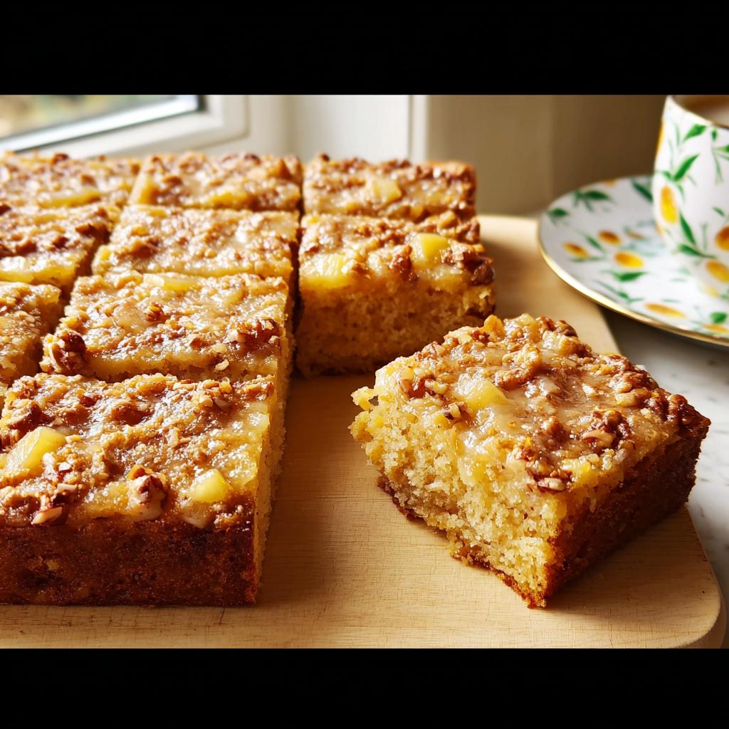 A slice of restaurant-style pineapple pecan cake with a glossy glaze and chopped nuts, ready to be served.