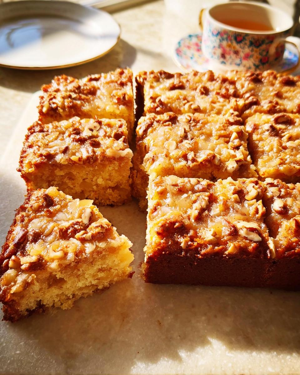 A slice of restaurant-style cake with a nutty streusel topping, perfect for home baking.