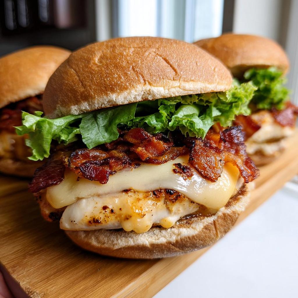 Close-up of a restaurant-style chicken bacon burger with melted cheese and lettuce, perfect for easy dinner recipes at home.