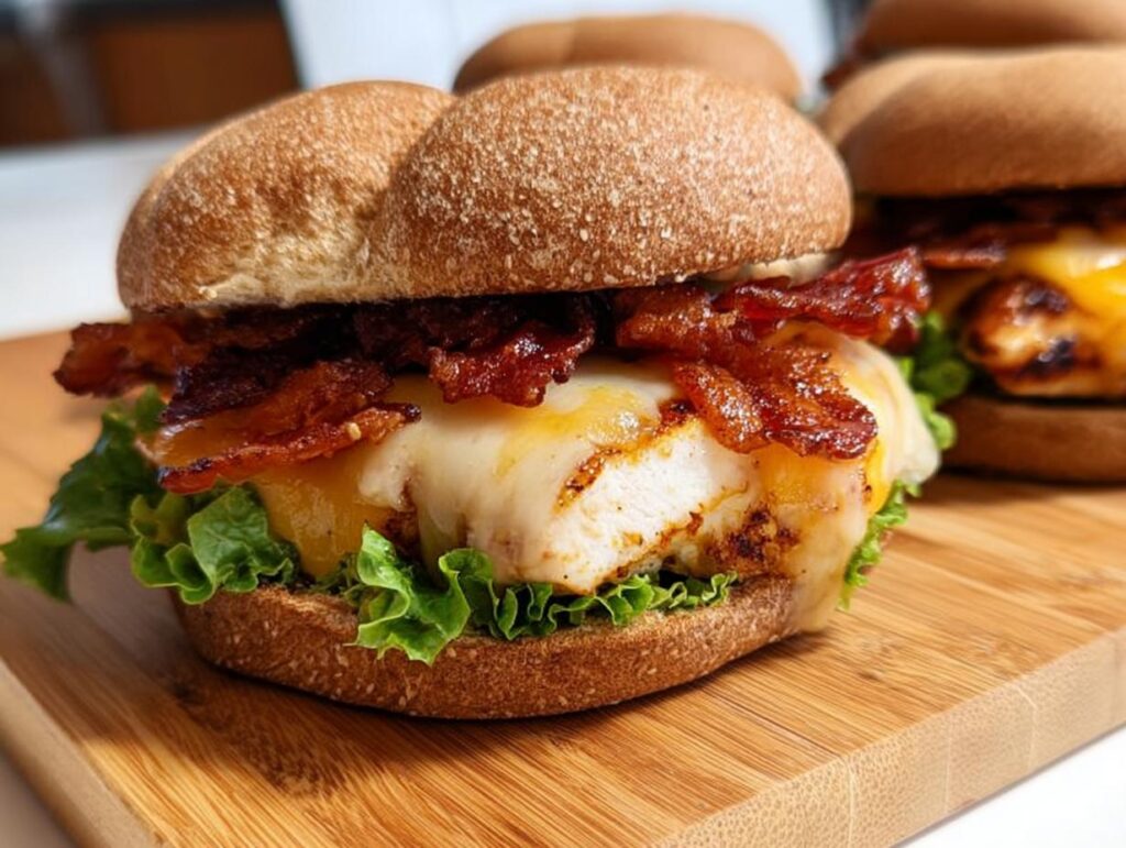 A juicy chicken bacon burger with melted cheese and fresh lettuce, perfect for restaurant-style easy dinner recipes at home.