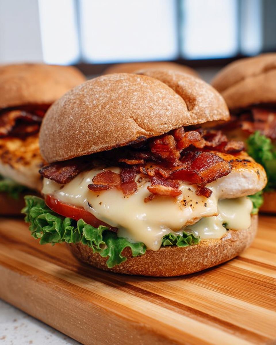 Close-up of a restaurant-style chicken bacon cheese burger with lettuce and tomato on a bun.