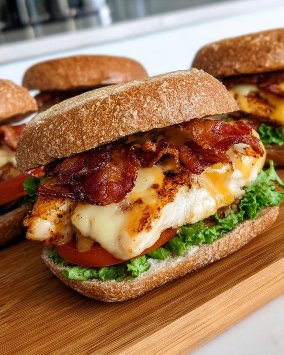 Close-up of a restaurant-style chicken bacon sandwich with melted cheese, lettuce, and tomato on a bun.