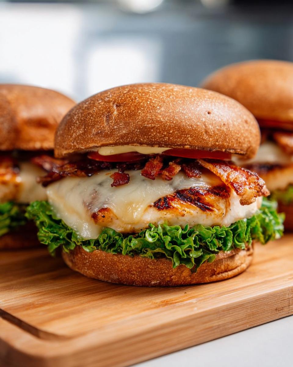 Close-up of a delicious chicken burger with melted cheese, crispy bacon, and fresh lettuce, part of Restaurant-Style Easy Dinner Recipes at Home.