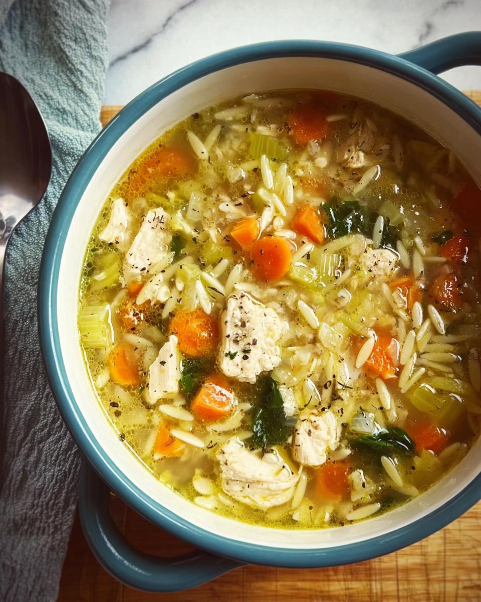 A steaming bowl of restaurant-style chicken noodle soup with tender chicken, carrots, celery, and orzo pasta.