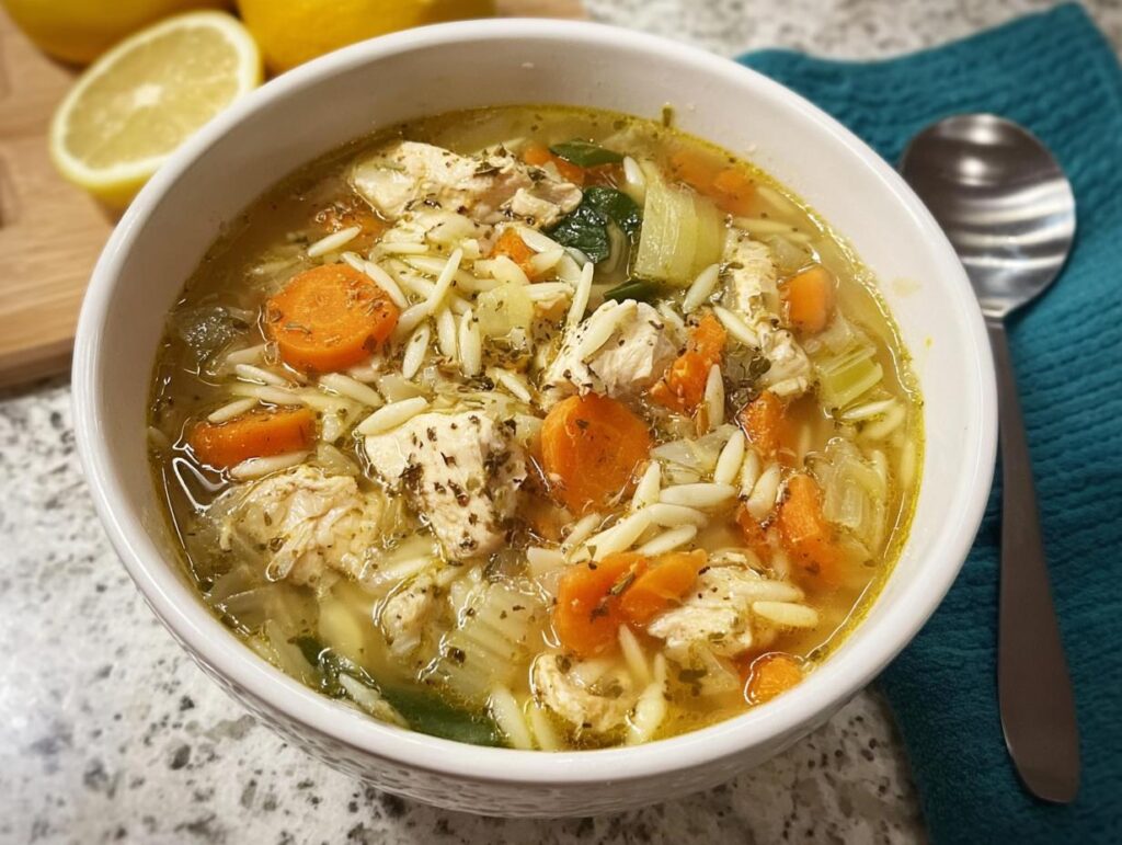 A bowl of hearty chicken noodle soup with orzo pasta, carrots, and chicken, perfect for restaurant-style soup recipes at home.