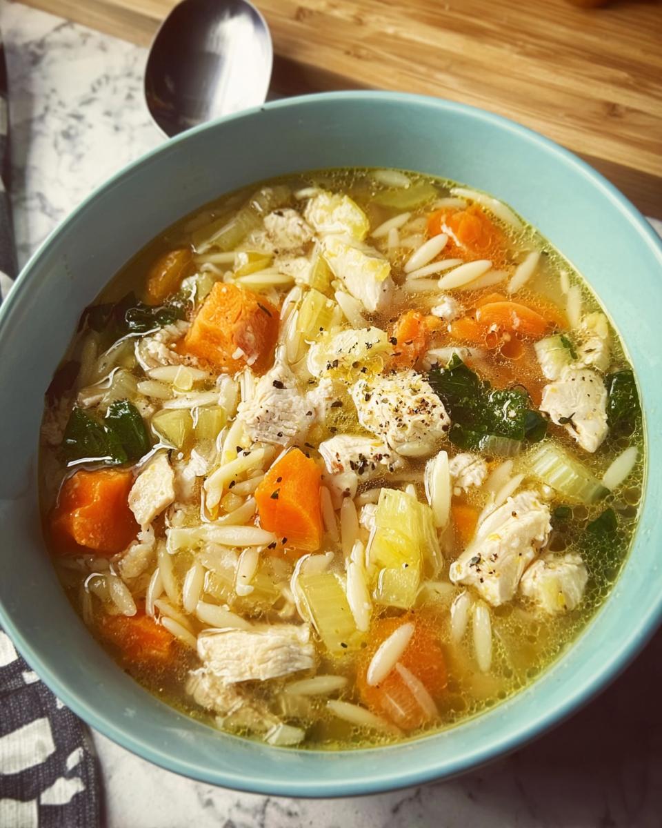 A close-up of a bowl of restaurant-style chicken noodle soup with orzo pasta, carrots, celery, and chicken.