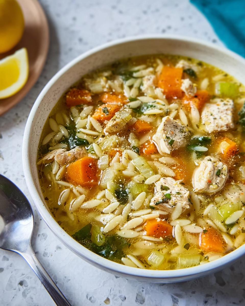 Close-up of a bowl of restaurant-style chicken orzo soup with carrots, celery, and herbs.