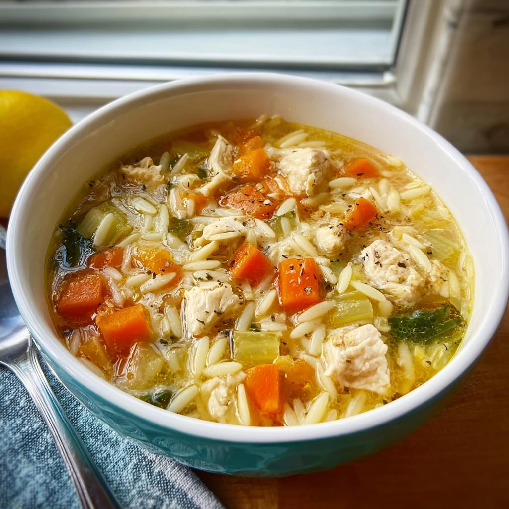 A close-up of a bowl of restaurant-style chicken orzo soup with carrots, celery, and herbs.