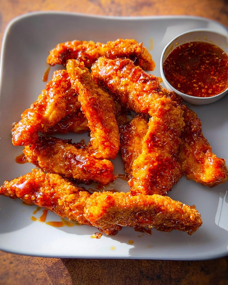 A plate of crispy, golden-brown chicken strips coated in a glossy sweet glaze, served with a small bowl of dipping sauce. Restaurant-Style Chicken Recipes at Home.