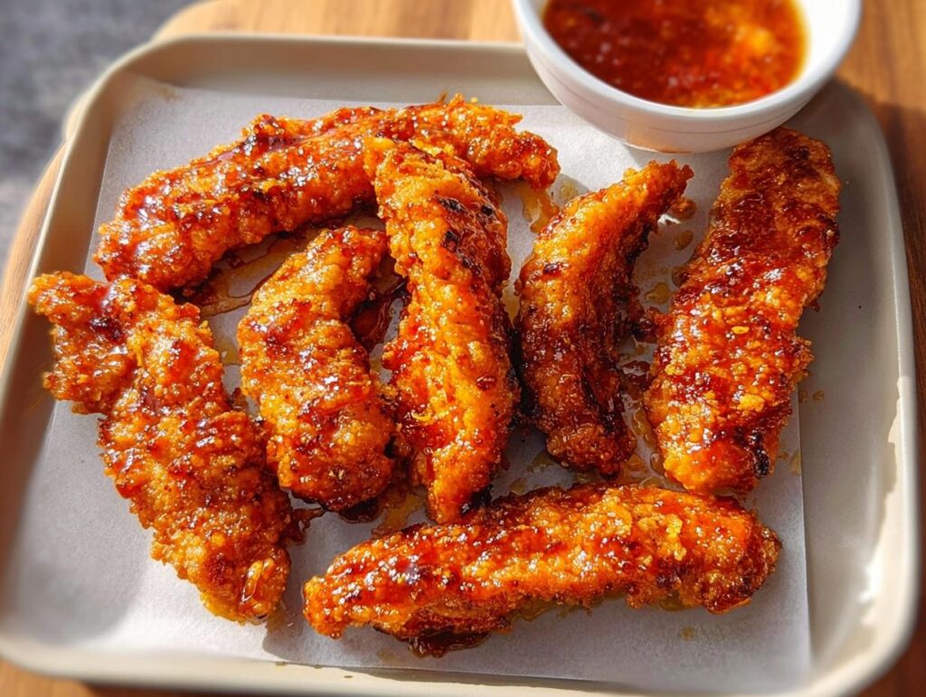 Crispy, glazed chicken strips served with a dipping sauce, embodying restaurant-style chicken recipes at home.