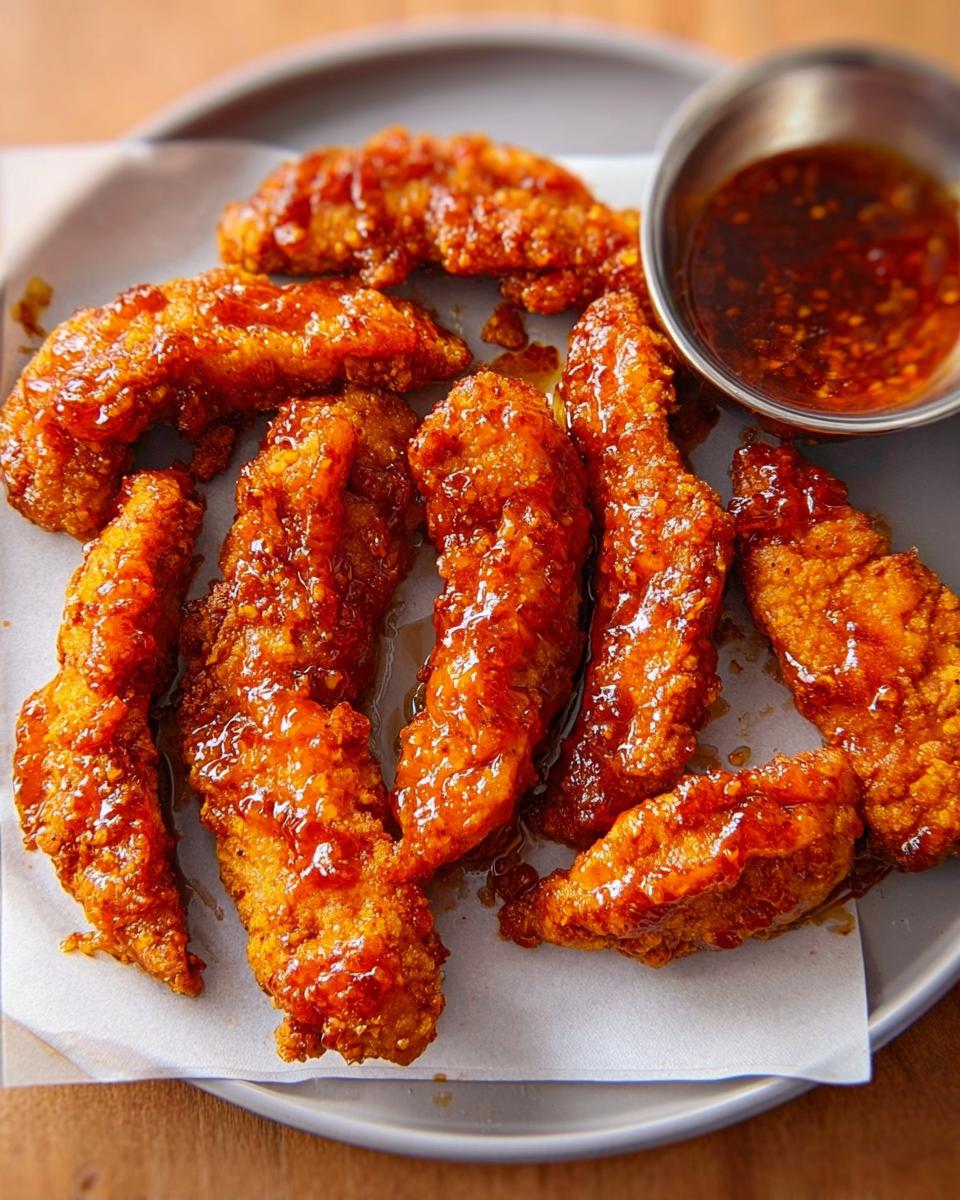 Close-up of crispy, glazed chicken strips served with a dipping sauce, perfect for restaurant-style chicken recipes at home.
