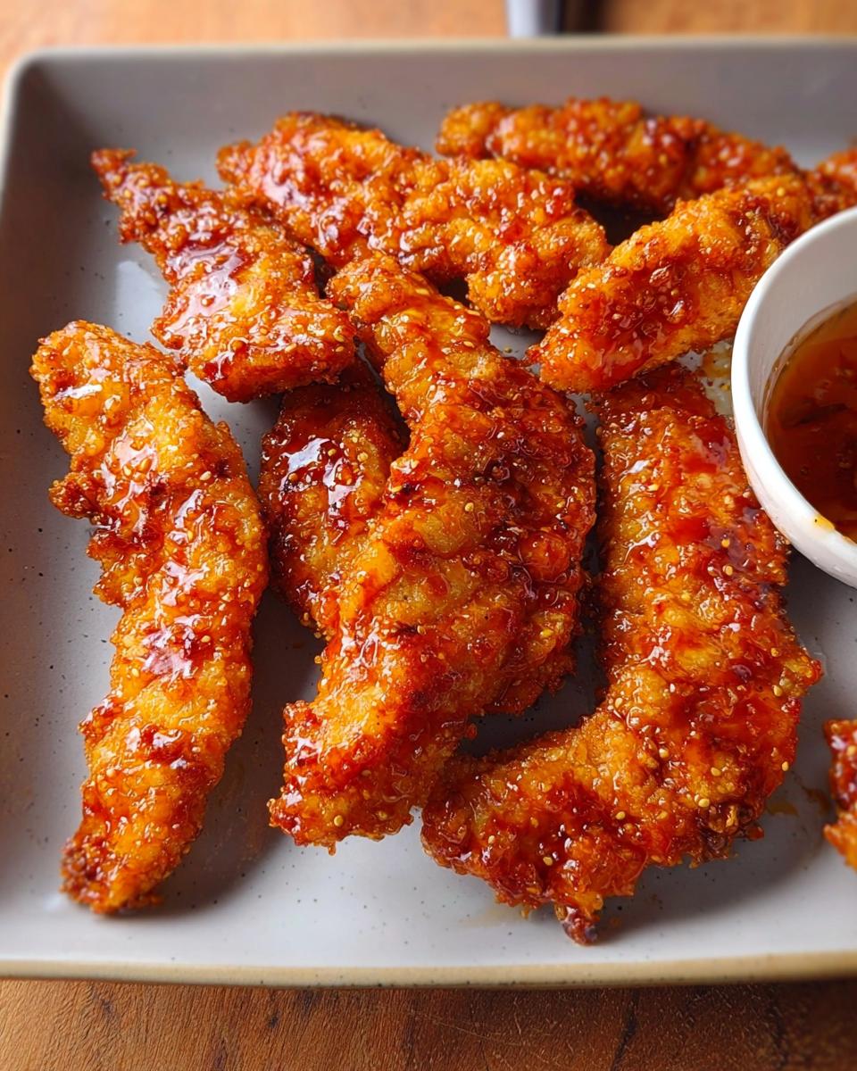 Close-up of crispy honey garlic chicken tenders, glazed and glistening, served with a side of dipping sauce.