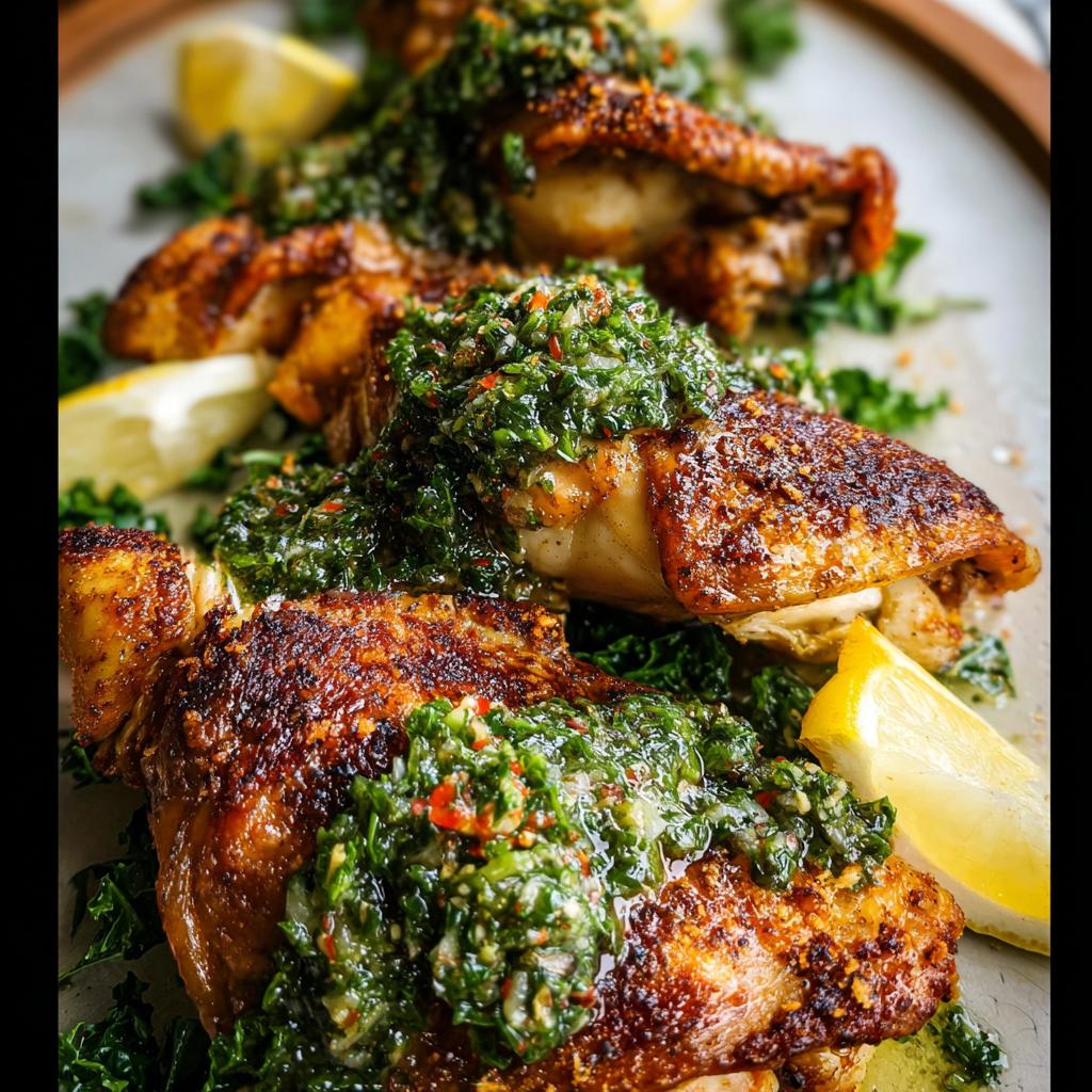 Close-up of crispy, golden-brown restaurant-style chicken thighs topped with vibrant gremolata and lemon wedges.