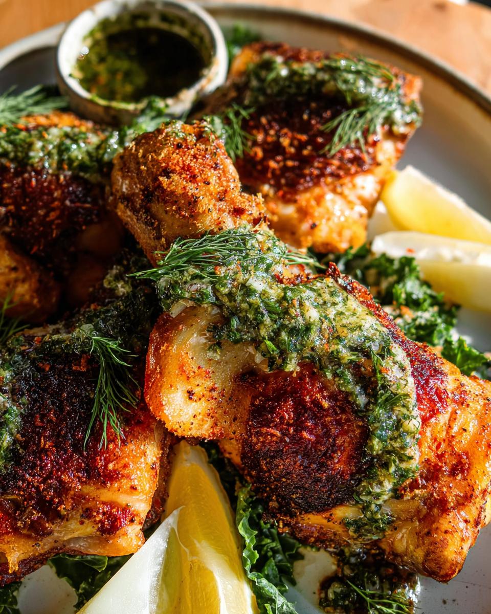 Close-up of restaurant-style chicken thighs recipe at home, topped with gremolata and garnished with lemon wedges and dill.