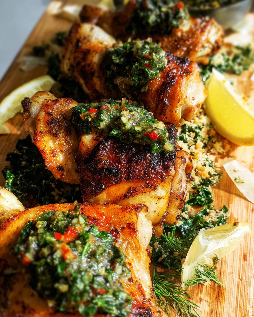 Close-up of restaurant-style chicken thighs recipe at home, topped with fresh gremolata and served with lemon wedges.