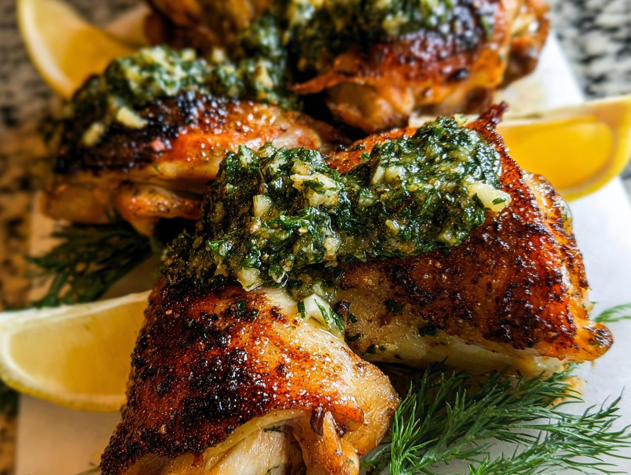 Close-up of juicy, crispy restaurant-style chicken thighs topped with fresh gremolata and lemon wedges.