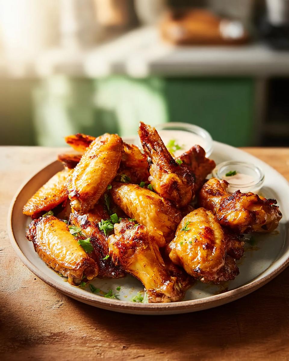 A plate of golden-brown, crispy chicken wings, a staple of restaurant-style chicken wings recipes at home.
