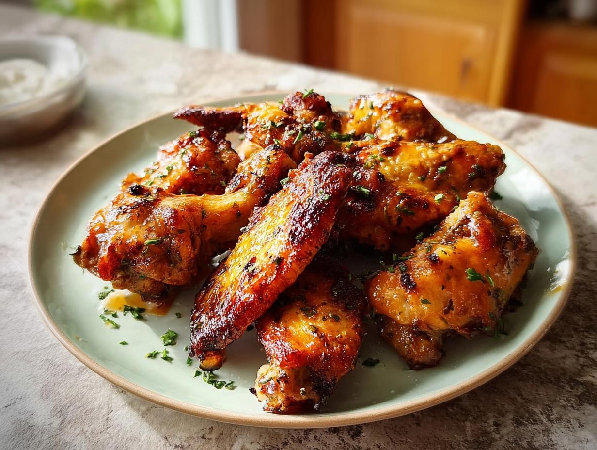 A plate of glistening, golden-brown restaurant-style chicken wings, seasoned and garnished with fresh parsley.