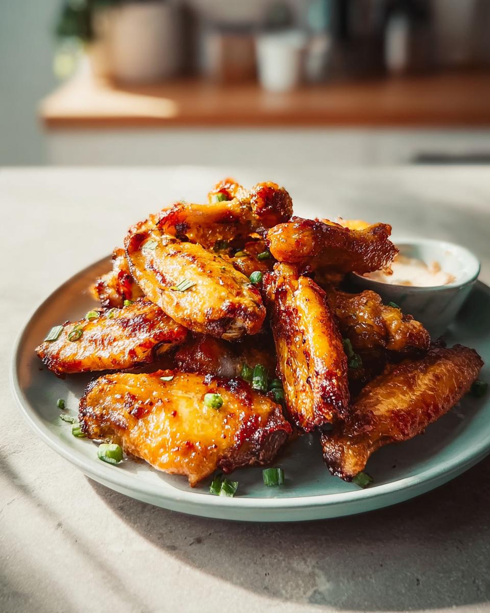 A plate of glossy, golden-brown chicken wings, garnished with chopped green onions, served with a side of dipping sauce.