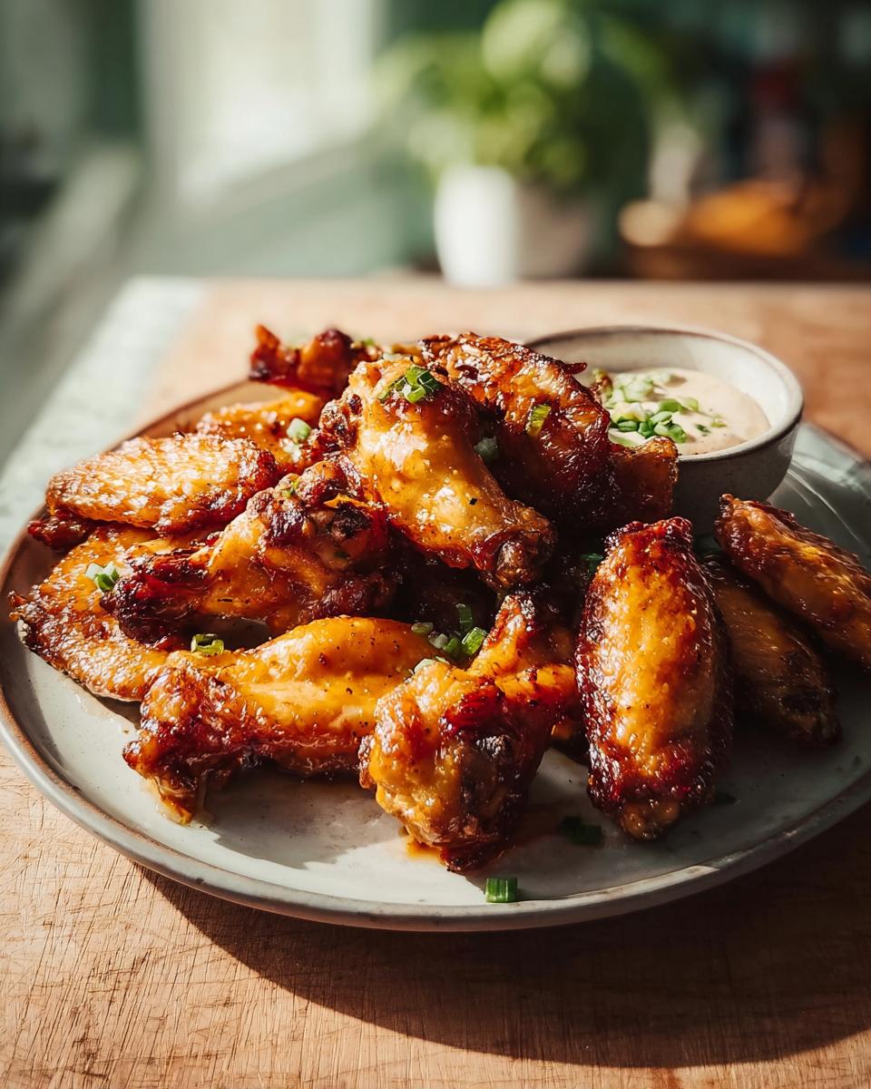 A plate of glistening, golden-brown restaurant-style chicken wings, garnished with chopped green onions, served with a side of dipping sauce.