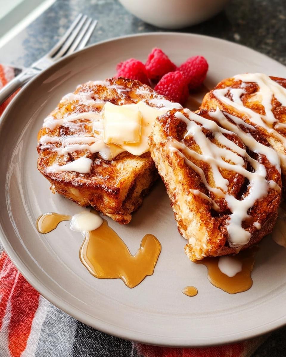 Close-up of cinnamon French toast drizzled with icing, topped with butter and fresh raspberries, a perfect restaurant-style breakfast idea.