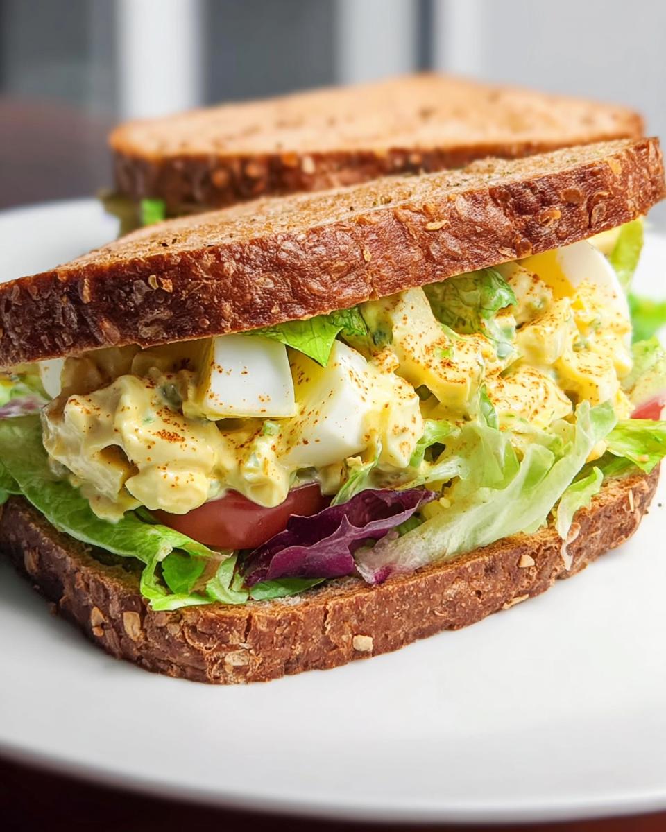 A delicious restaurant-style egg salad sandwich on whole wheat bread, filled with creamy egg salad, crisp lettuce, and tomato.