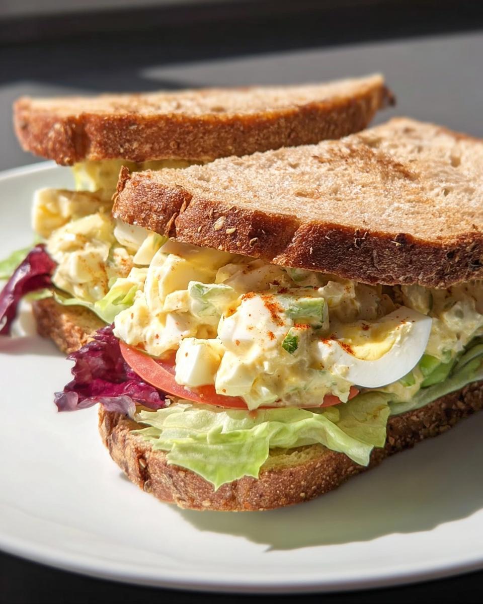 A close-up of a restaurant-style egg salad sandwich on whole wheat bread, filled with creamy egg salad, lettuce, and tomato.
