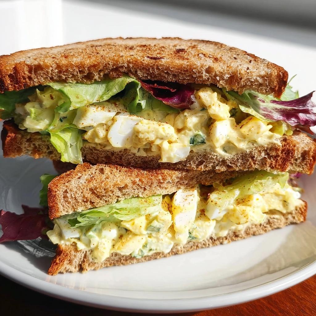 A close-up of a restaurant-style egg salad sandwich on whole wheat bread, filled with creamy egg salad and fresh lettuce.