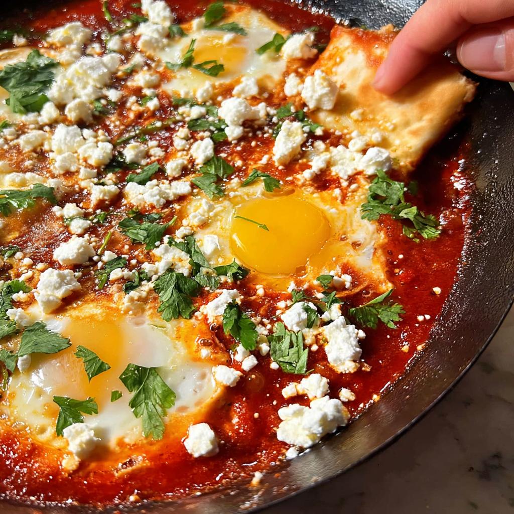 A pan of restaurant-style eggs baked in a rich tomato sauce, topped with crumbled feta cheese and fresh parsley, with a piece of bread being dipped in.